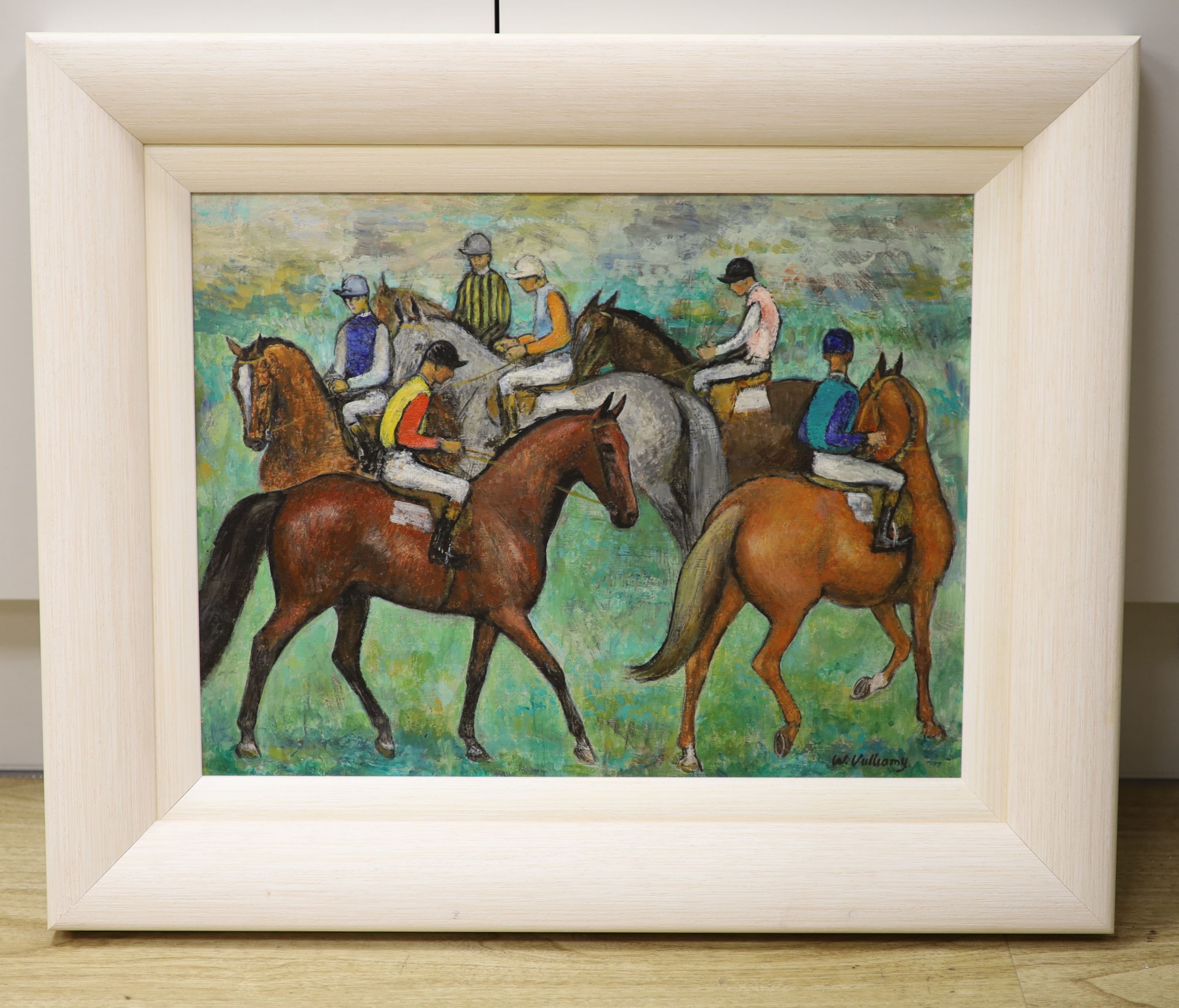 W. Vulliamy, oil on board, Jockey's before the start, signed, 1966 Paris Salon labels verso, 34 x 45cm
